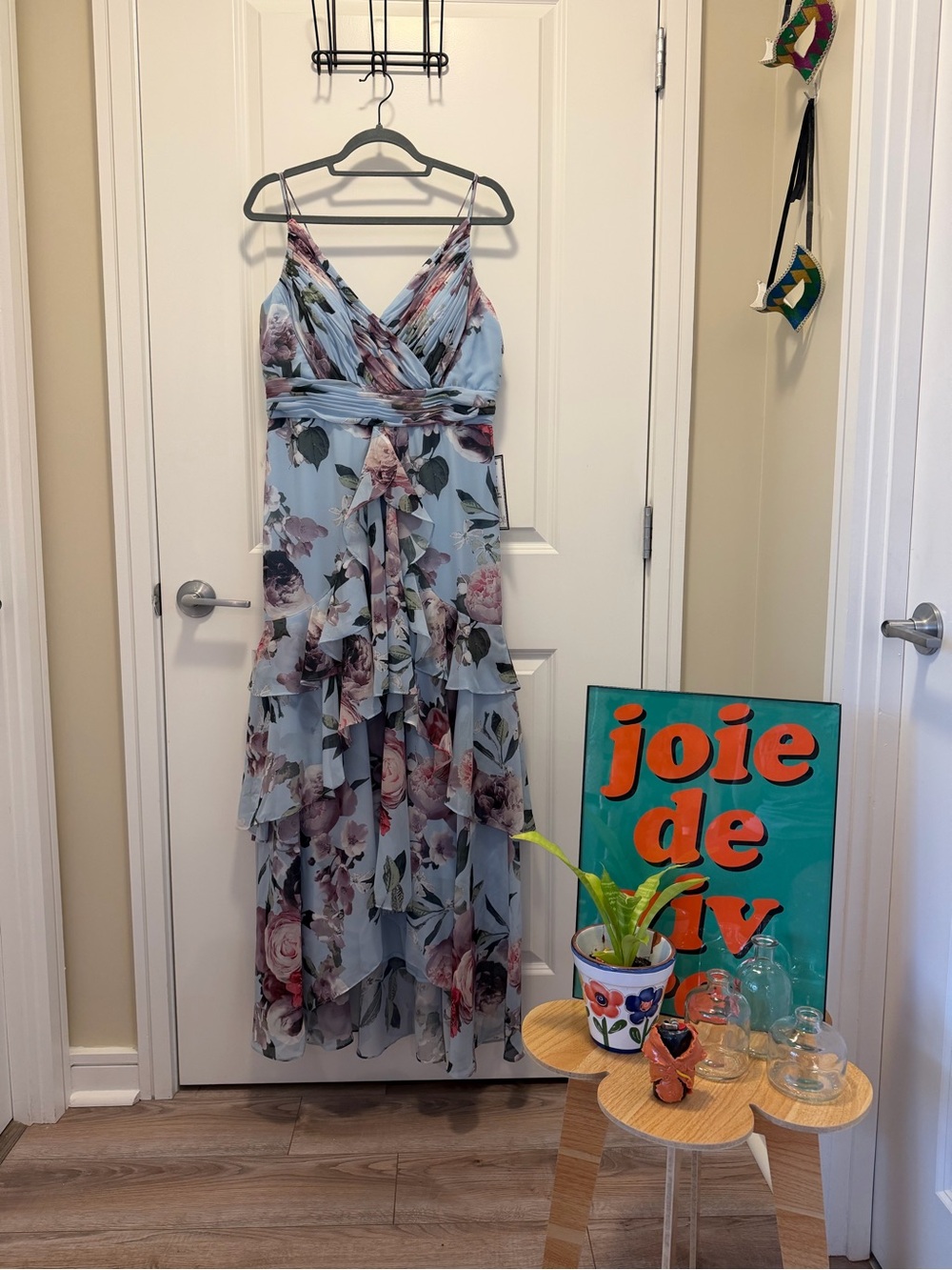 Xscape Light Blue Floral High-Low Ruffle Maxi Dress
